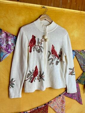 Vintage Cardinal Christmas Sweater Cardigan